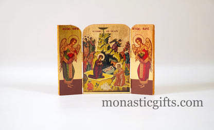 Triptych wooden Icon with the Birth of Christ and the Holy Theotokos , Greek Orthodox Icon , Home Decor,Orthodox Gift