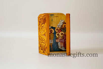 Triptych wooden Icon with Baptism of Jesus Christ by St John the Baptistand and the Holy Theotokos , Greek Orthodox Icon , Gift