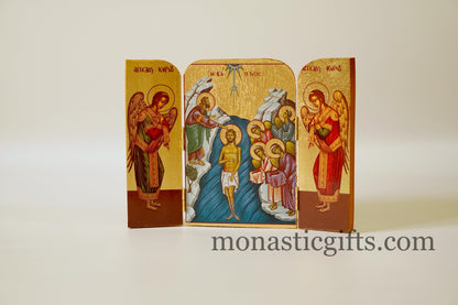 Triptych wooden Icon with Baptism of Jesus Christ by St John the Baptistand and the Holy Theotokos , Greek Orthodox Icon , Gift