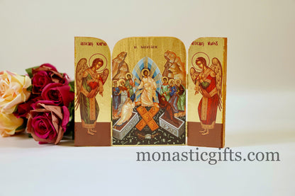 Triptych wooden Icon with Resurrection of Jesus Christ With Archangels Michael and the Holy Theotokos , Greek Orthodox Icon