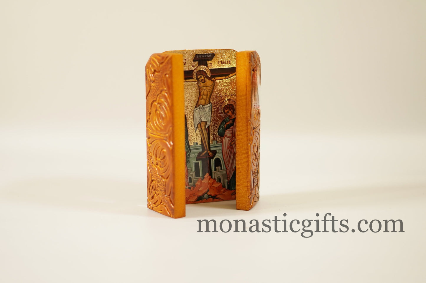 Small Triptych wooden Icon with the crucifixion  and Αngels on the Doors , Greek Orthodox Icon , Home Decor,Orthodox Gift