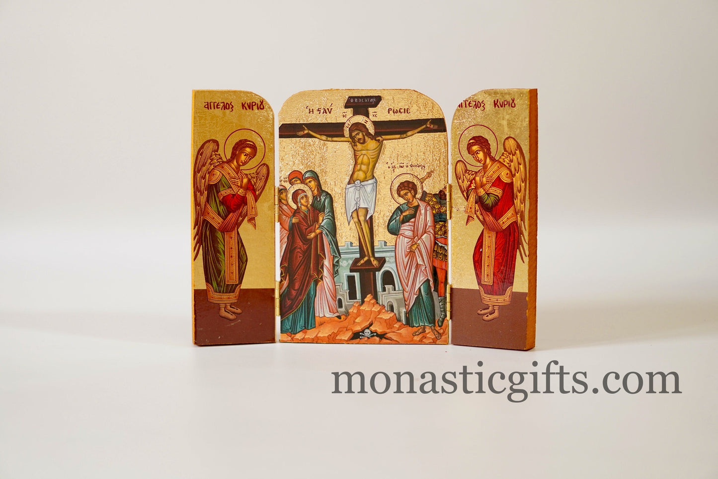 Triptych wooden Icon with the crucifixion  With Archangels Michael and the Holy Theotokos , Greek Orthodox Icon , Home Decor,Orthodox Gift