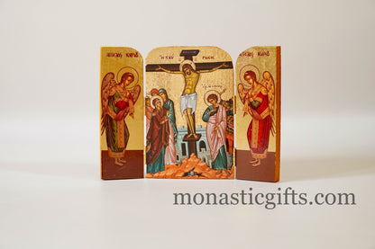 Triptych wooden Icon with the crucifixion  With Archangels Michael and the Holy Theotokos , Greek Orthodox Icon , Home Decor,Orthodox Gift