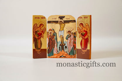 Small Triptych wooden Icon with the crucifixion  and Αngels on the Doors , Greek Orthodox Icon , Home Decor,Orthodox Gift