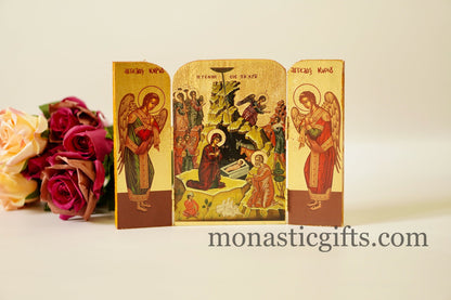 Triptych wooden Icon with the Birth of Christ and the Holy Theotokos , Greek Orthodox Icon , Home Decor,Orthodox Gift