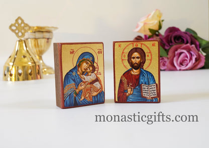 Wooden small  icons of Jesus Christ and Mother of God, Byzantine icon , art wall hanging o amazing idea for orthodox gift.