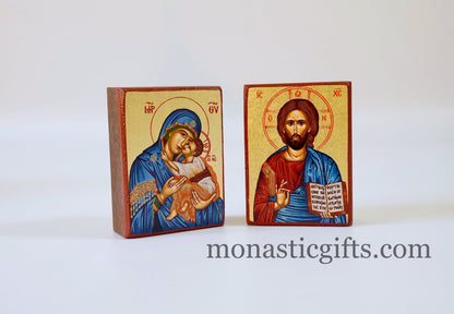 Wooden small  icons of Jesus Christ and Mother of God, Byzantine icon , art wall hanging o amazing idea for orthodox gift.