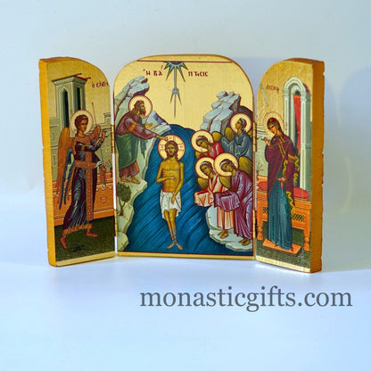 Triptych wooden Icon with Baptism of Jesus Christ by St John the Baptistand and the Holy Theotokos , Greek Orthodox Icon , Gift