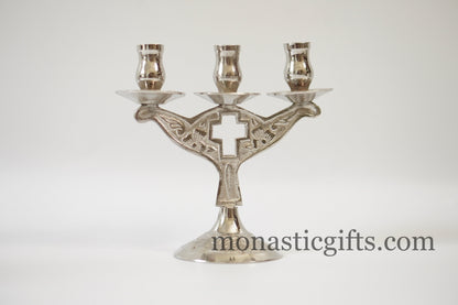 Brass Nickel Carved triple Candlestick Candles Holder with cross Handmade brass candle holder 100% Authentic