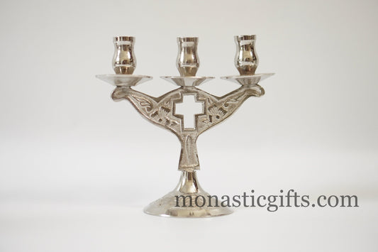 Brass Nickel Carved triple Candlestick Candles Holder with cross Handmade brass candle holder 100% Authentic