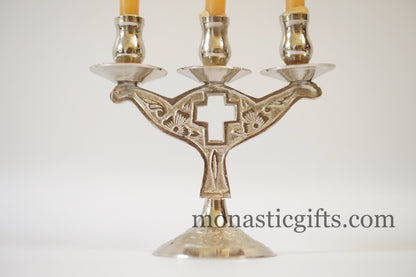 Brass Nickel Carved triple Candlestick Candles Holder with cross Handmade brass candle holder 100% Authentic