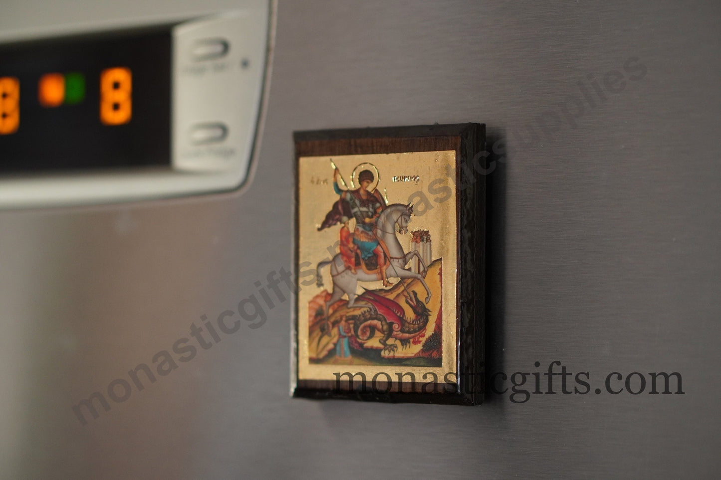 Saint George Byzantine Icon Wood Refrigerator Magnet — Handmade Orthodox Christian Holy Gift & Art Souvenir