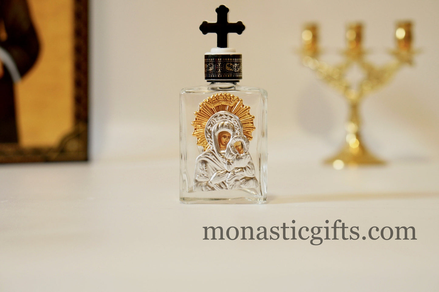 Holy Water Glass  Bottle  With metal colored Silver and Gold Theotokos Icon and  plastic screw cap with cross Orthodox Gift