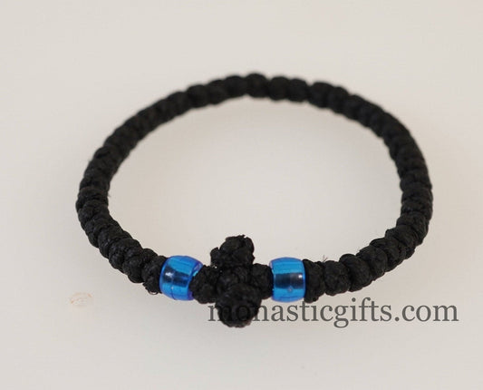 Thick waxed Komboskini 33 knots (the original)  -Prayer Rope  - Black Thick waxed with Blue beads - Orthodox Gift -  Chotk