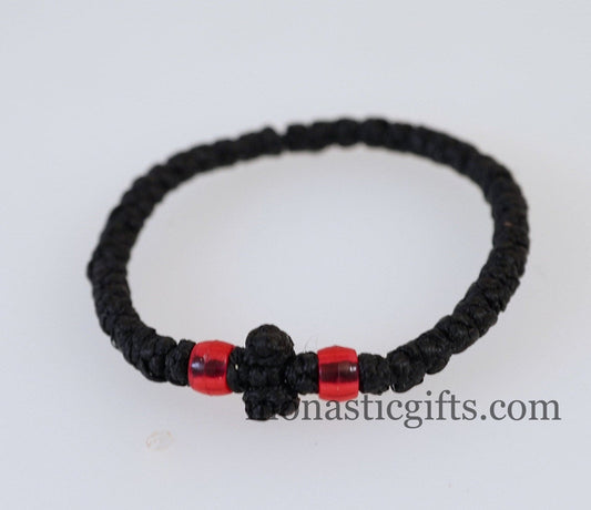 Thick waxed Komboskini 33 knots (the original)  -Prayer Rope  - Black thick waxed knots with red beads - Orthodox Gift -  Chotk