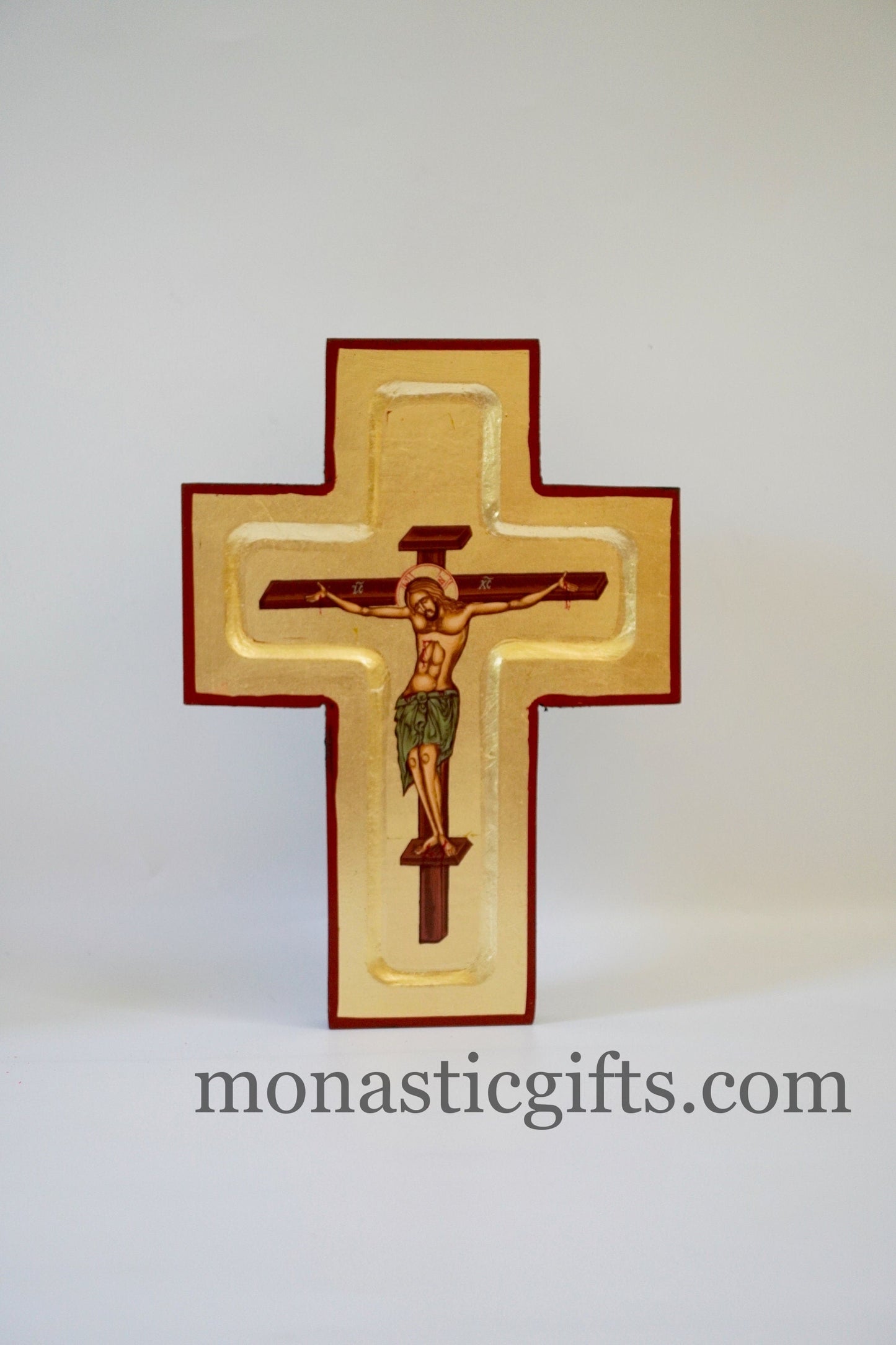 Jesus Christ Crucifixion - Gold Leaf - Handmade Carved Lithograph on wood Byzantine icon of our Lord. Wall Hung.