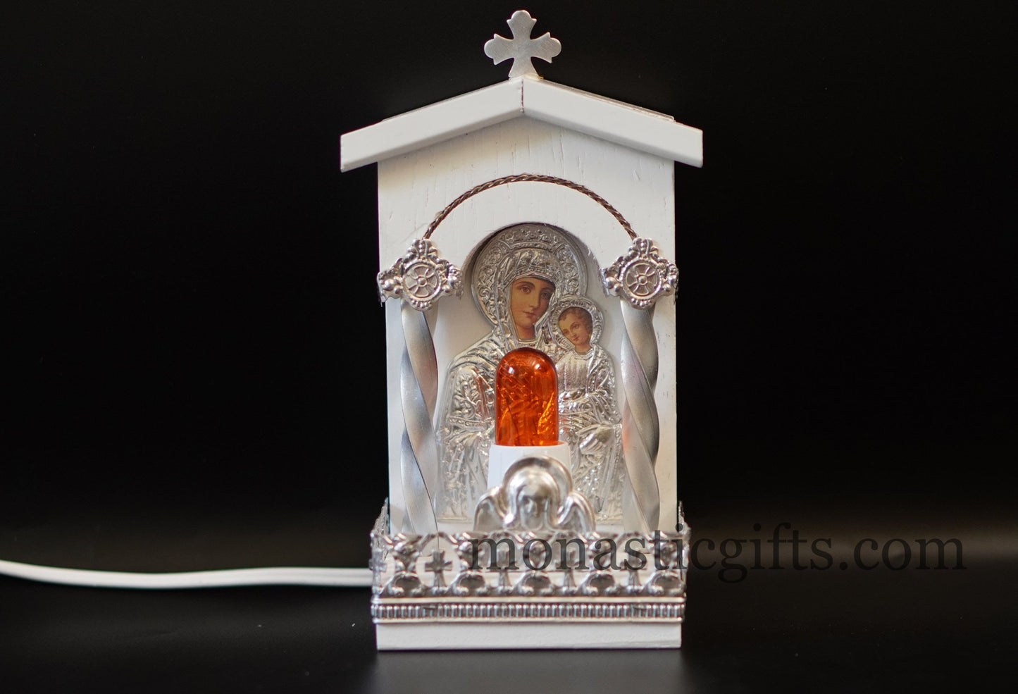 Traditional Orthodox andmate Wooden White electric candle with icon and Light Coloured Silver Plated Home Decor Wall aperfect Christian Gift