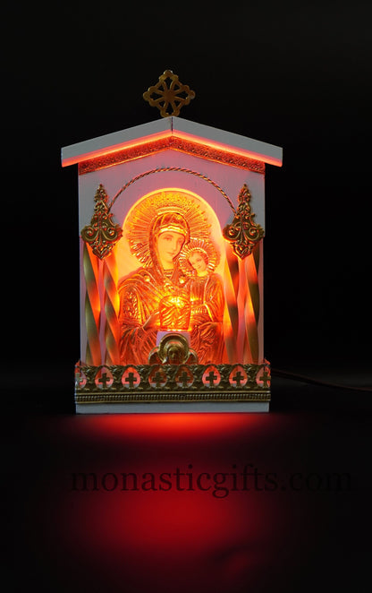 Traditional Orthodox andmate Wooden White electric candle with icon and Light Coloured Silver Plated Home Decor Wall aperfect Christian Gift