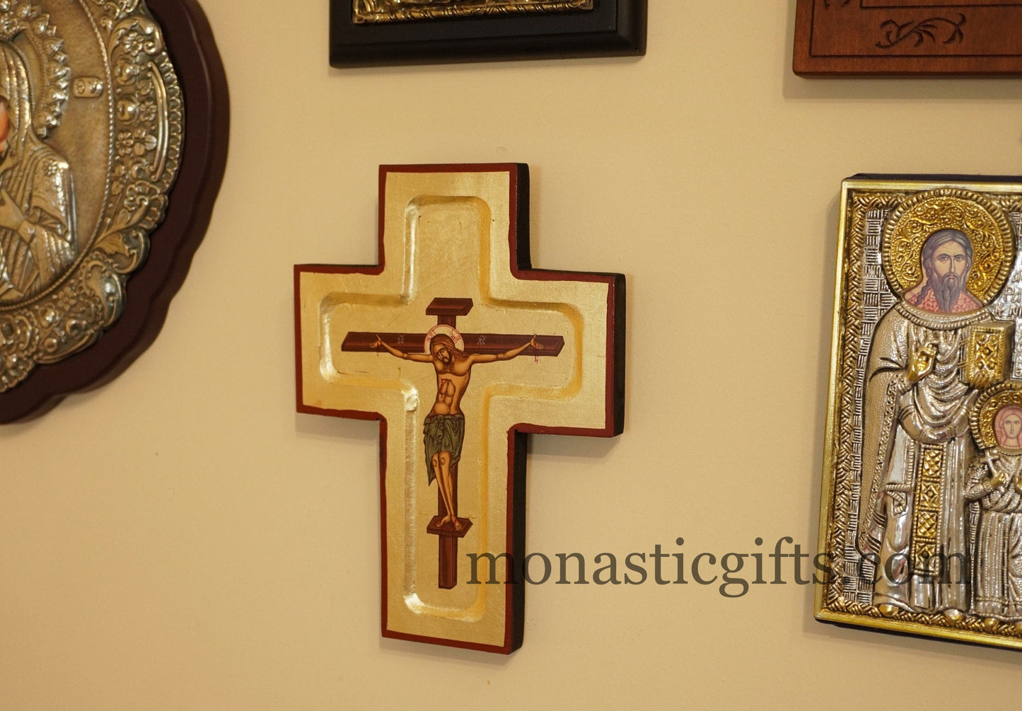 Jesus Christ Crucifixion - Gold Leaf - Handmade Carved Lithograph on wood Byzantine icon of our Lord. Wall Hung.