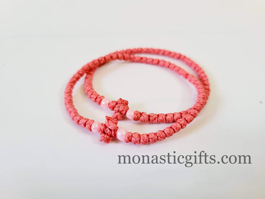 Waxed Komboskini 33 knots (1 Pcs)-Prayer Rope  - Pink waxed with Pink beads - Orthodox Gift -  Chotk