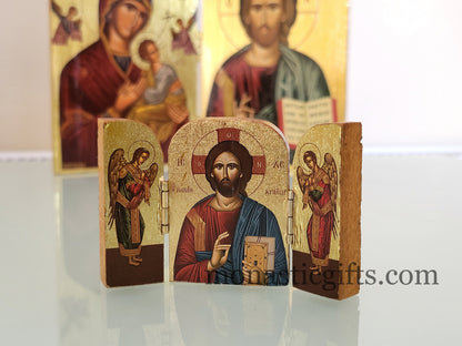 Triptych small  wooden Icon with  rhe Jesus Christ and Archangels, Greek Orthodox Icon , Home Decor,Orthodox Gift