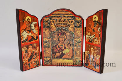 Triptych wooden Icon of Holy Theotokos (Soumela ) and with many themes of Byzantine icons , Greek Orthodox Icon