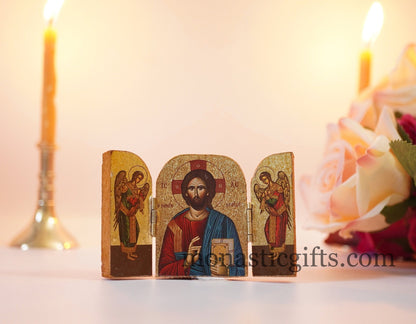 Triptych small  wooden Icon with  rhe Jesus Christ and Archangels, Greek Orthodox Icon , Home Decor,Orthodox Gift