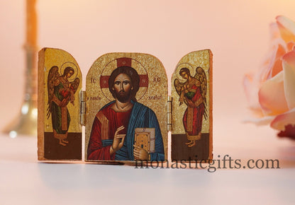 Triptych small  wooden Icon with  rhe Jesus Christ and Archangels, Greek Orthodox Icon , Home Decor,Orthodox Gift