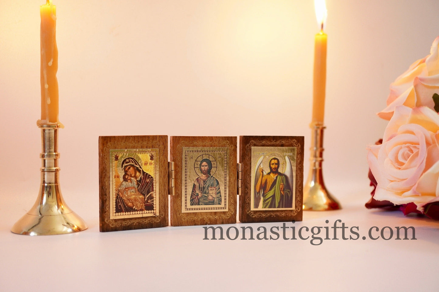 Triptych small wood Orthodox Icon of Jesus Christ  Holy Theotokos and Saint Ioannis The baptist , Home Decor,Orthodox Gift