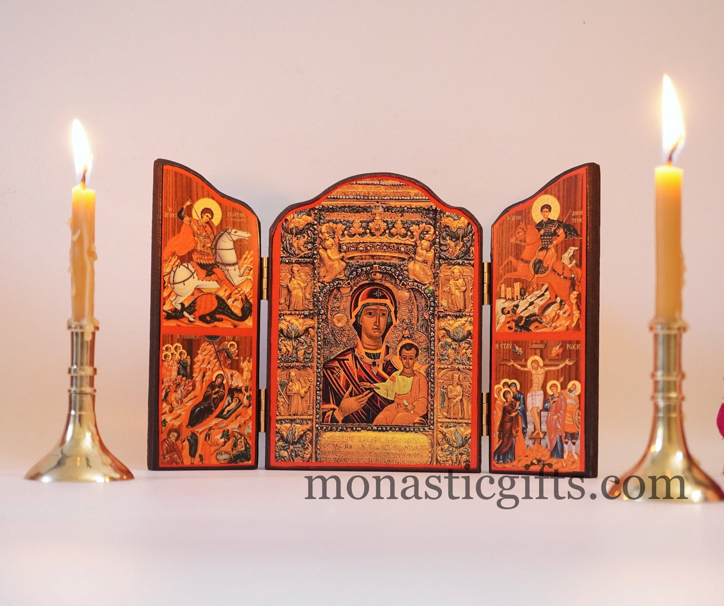 Triptych wooden Icon of Holy Theotokos (Soumela ) and with many themes of Byzantine icons , Greek Orthodox Icon