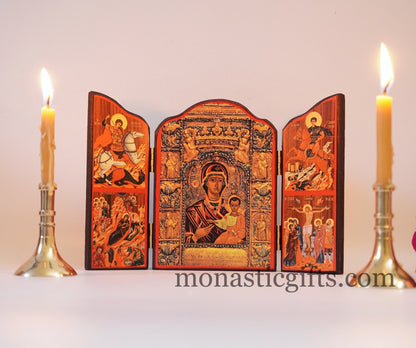 Triptych wooden Icon of Holy Theotokos (Soumela ) and with many themes of Byzantine icons , Greek Orthodox Icon