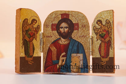 Triptych small  wooden Icon with  rhe Jesus Christ and Archangels, Greek Orthodox Icon , Home Decor,Orthodox Gift