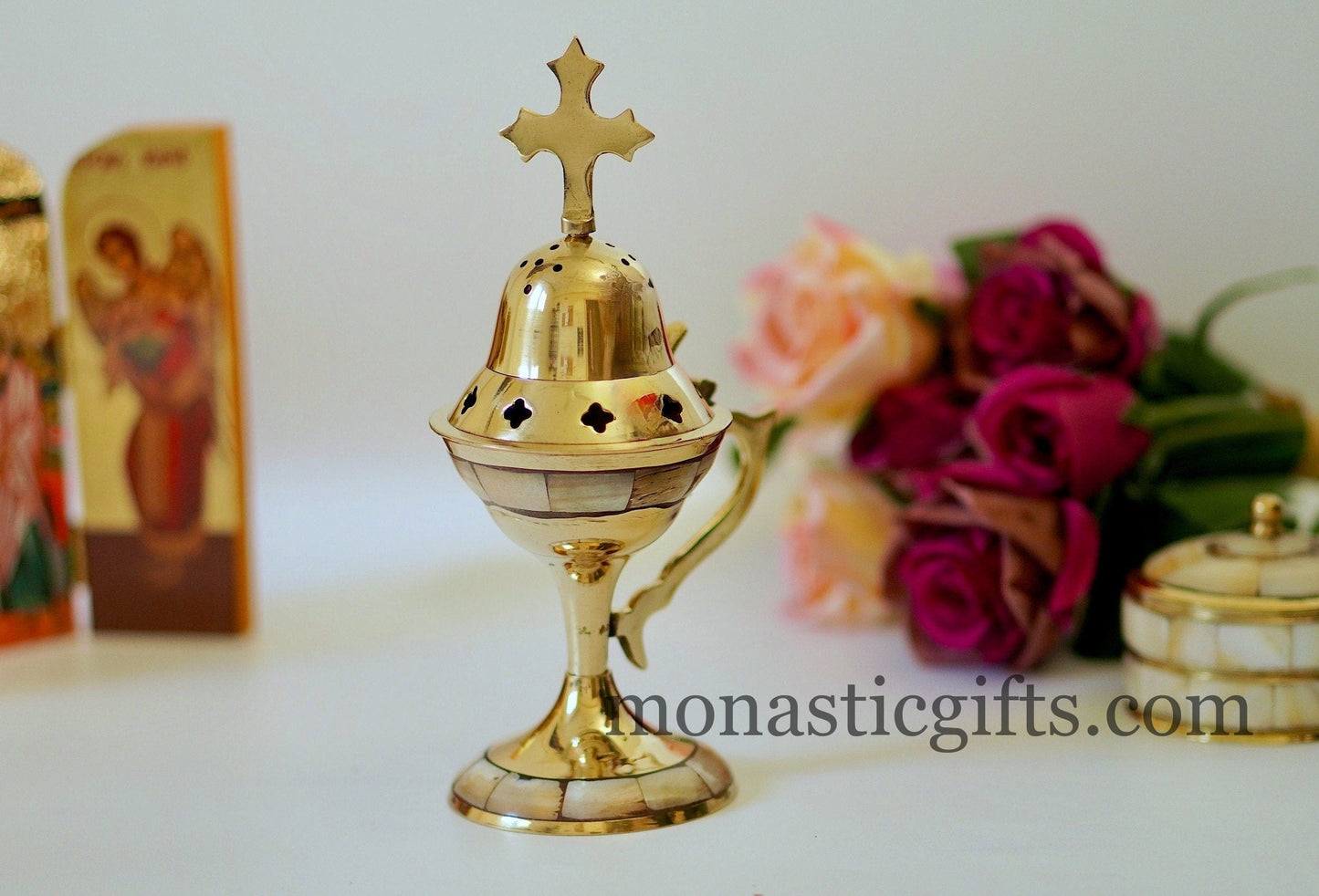 Brass Incense Burner with mother of pearl (Sea shell) 330 gr With free Gifts