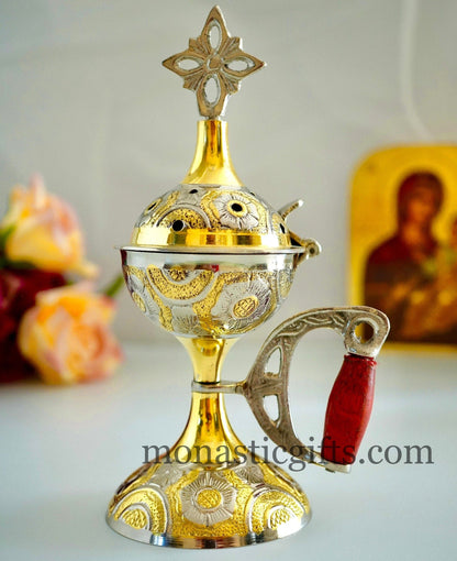 Brass Nickel,  Incense Burner (210gr) Handmade with handle and free Gifts