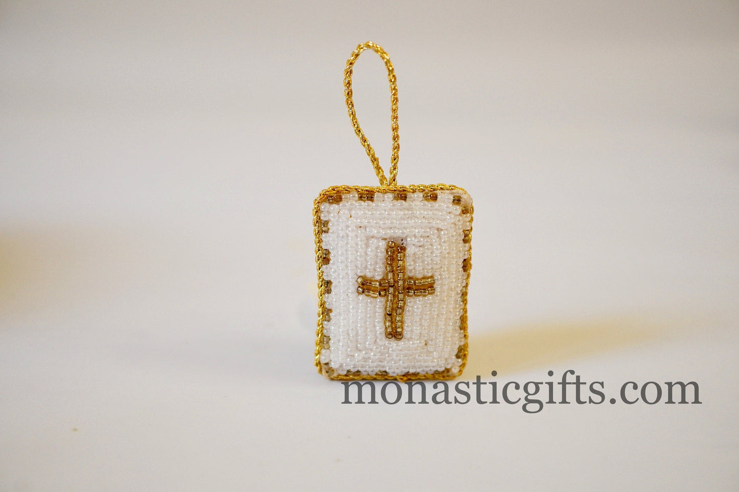 Christian traditional amulet with white beads and gold thread Rectangular pendant  ,Filakto Οrthodox,Catholic Gift, very beautiful like jewl