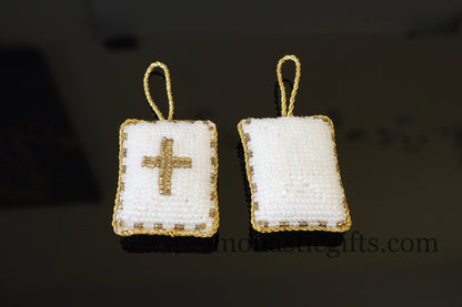 Christian traditional amulet with white beads and gold thread Rectangular pendant  ,Filakto Οrthodox,Catholic Gift, very beautiful like jewl