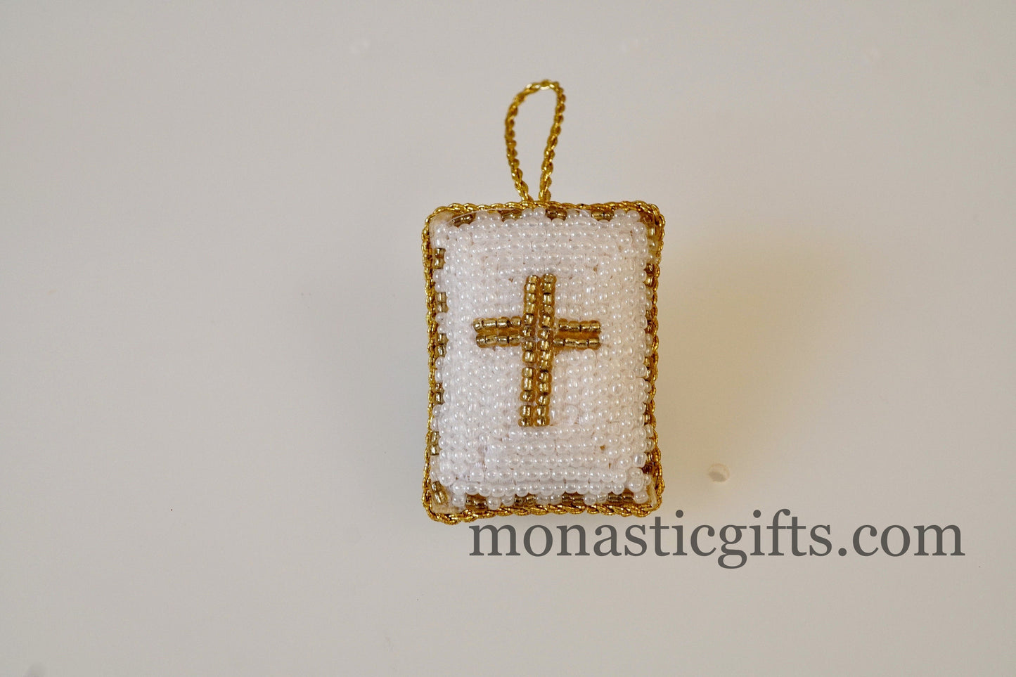 Christian traditional amulet with white beads and gold thread Rectangular pendant  ,Filakto Οrthodox,Catholic Gift, very beautiful like jewl