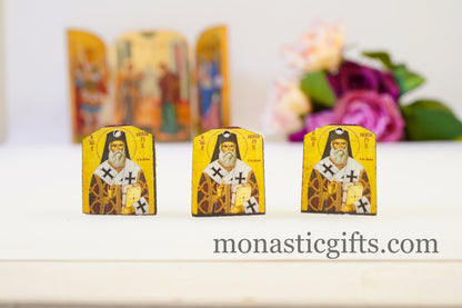 Tiny icons of  Saint Nektarios 3pcs-Wood  Byzantine Christian  Tiny Orthodox Icon amazing idea to make orthodox Christians gifts