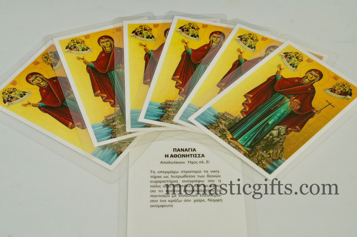 Laminated icon prayer cards withTheotokos and hymn -Thee, the Champion Leader, set of 10 Virgin Mary holy cards, pocket size printed icons