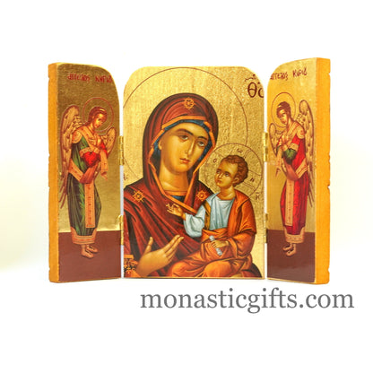 Triptych wooden Icon with Virgin Mary and Angels  , Greek Orthodox Icon , Orthodox Gift