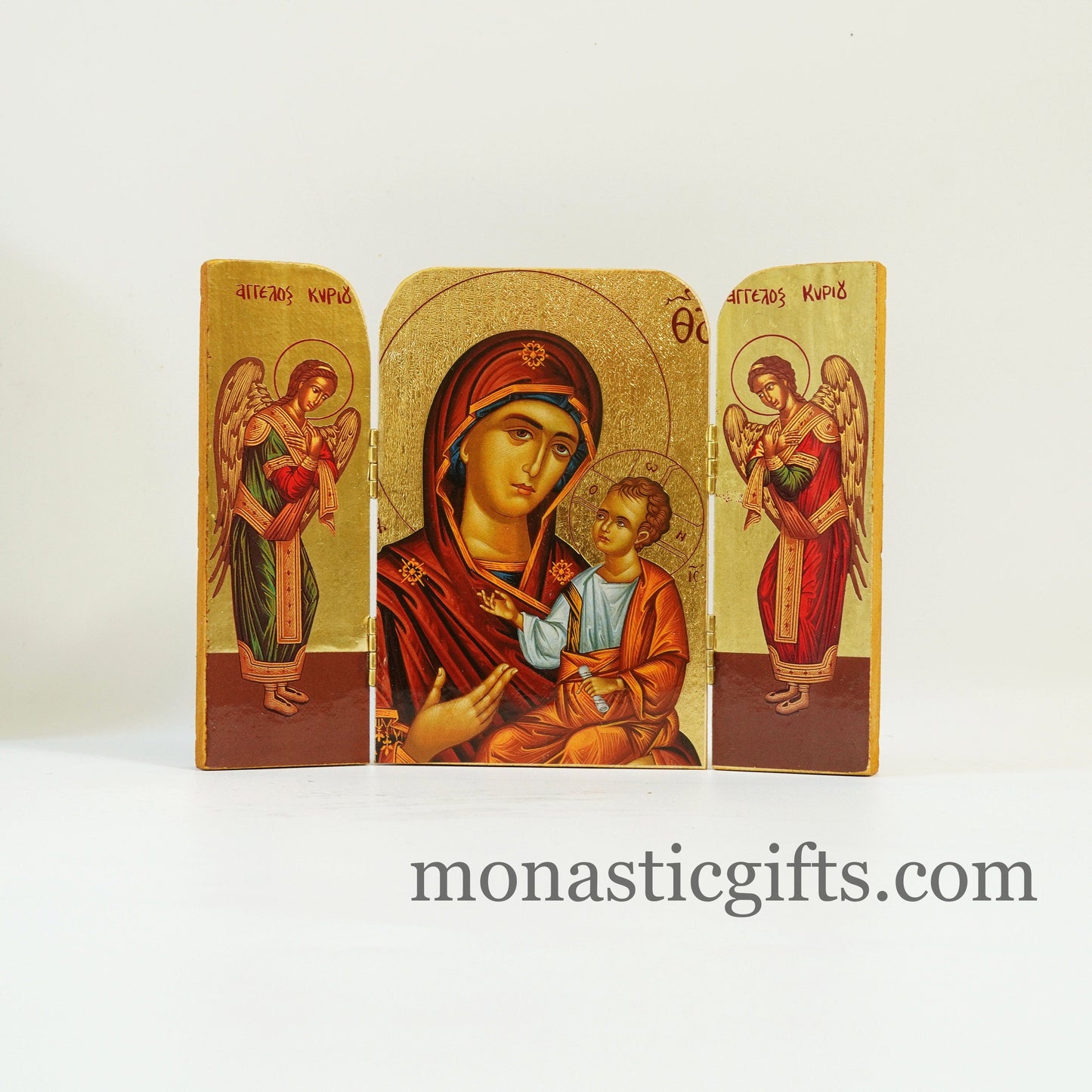 Triptych wooden Icon with Virgin Mary and Angels  , Greek Orthodox Icon , Orthodox Gift