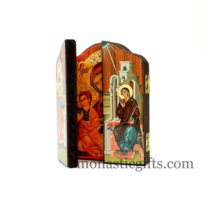 Triptych wooden Icon of Holy Theotokos with Jesus and  many themes of Byzantine icons , Greek Orthodox Icon