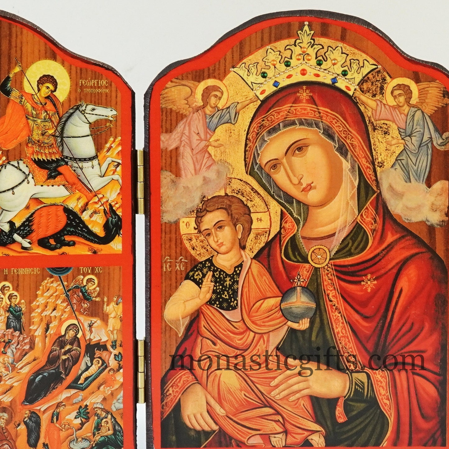 Triptych wooden Icon of Holy Theotokos with Jesus and  many themes of Byzantine icons , Greek Orthodox Icon