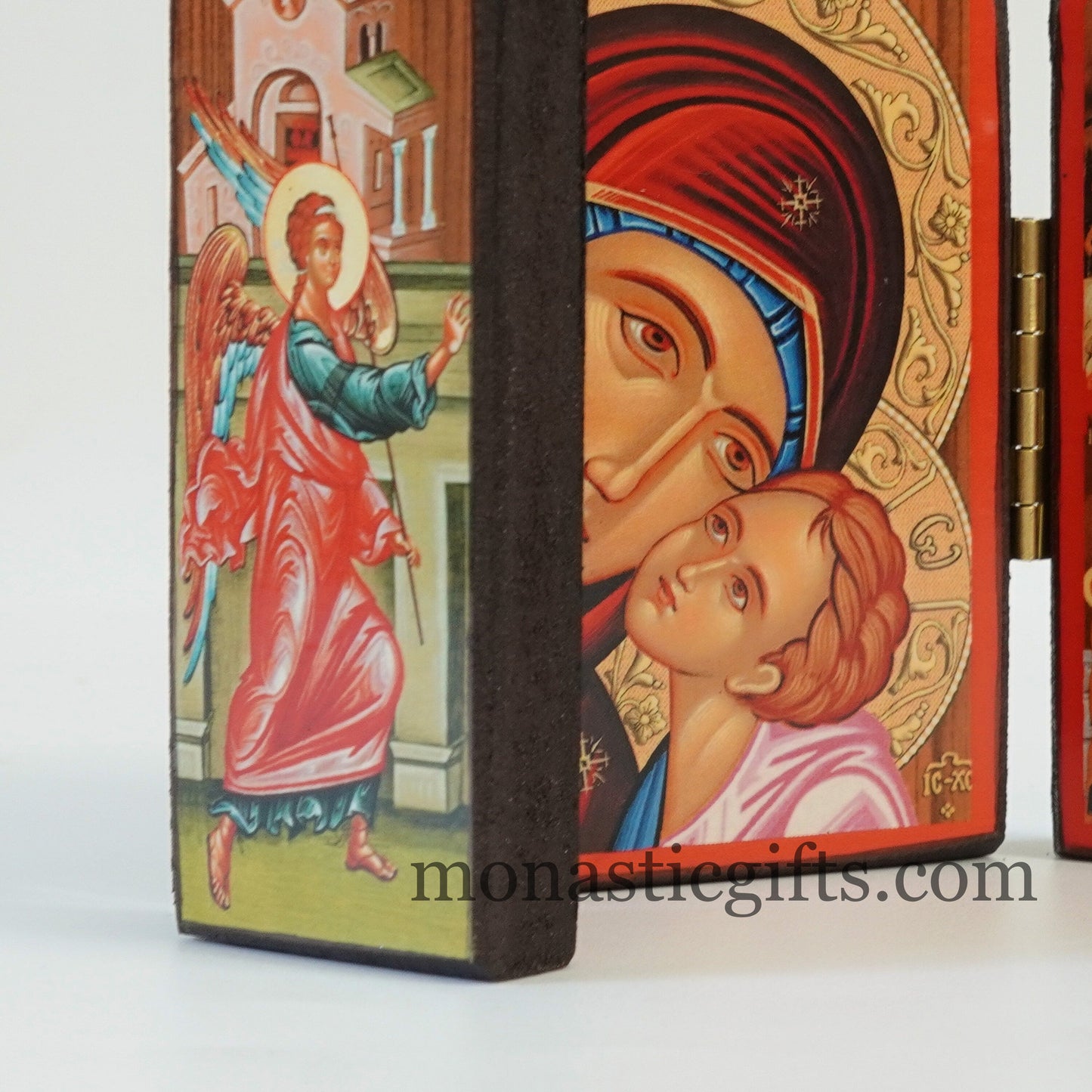 Triptych wooden Icon of Holy Theotokos with Jesus and  many themes of Byzantine icons in doors , Greek Orthodox Icon