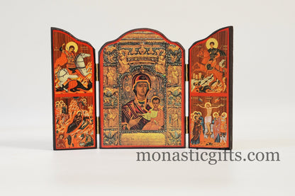 Triptych wooden Icon of Holy Theotokos (Soumela ) and with many themes of Byzantine icons , Greek Orthodox Icon