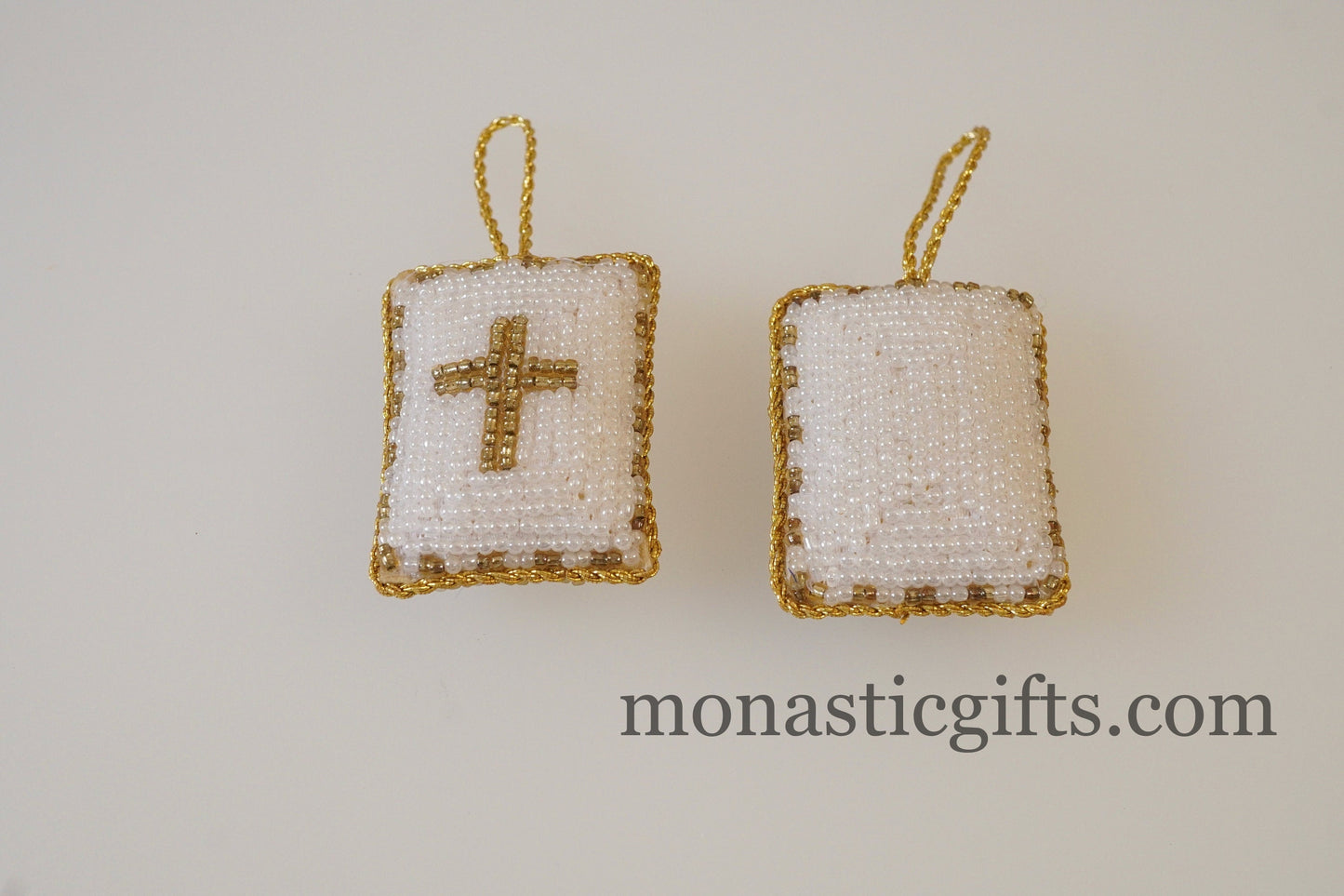 Christian traditional amulet with white beads and gold thread Rectangular pendant  ,Filakto Οrthodox,Catholic Gift, very beautiful like jewl