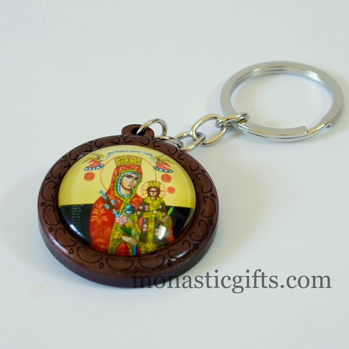 Orthodox Keychain with Mother of God (Gorgoipikoo)  made of Curved wood and metal ,a perfect gift 10cm - 3.93 in Amazing Guality