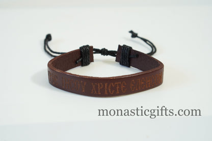 Greek Orthodox bracelet engraved leather with prayer to our lord. adjustable due to the sliding closure A perfect orthodox Gift.