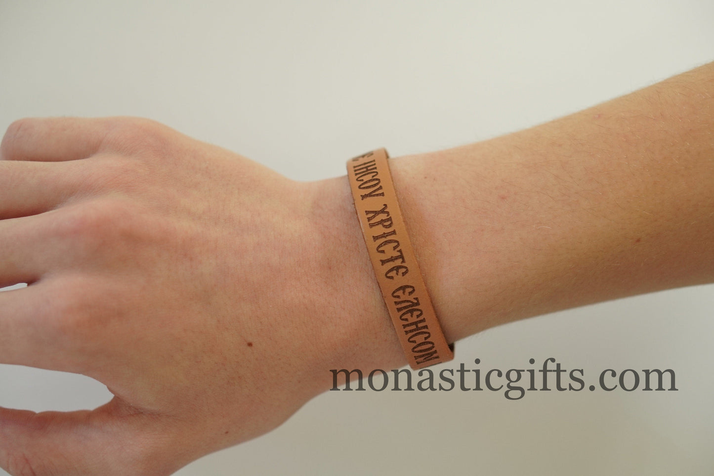 Greek Orthodox bracelet engraved leather with prayer to our lord. adjustable due to the sliding closure A perfect orthodox Gift.