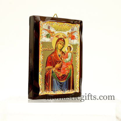 Virgin Mary Gorgoipikoos,Flat Icon with gilded silver,plated ornament with special varnish for long lasting shine.